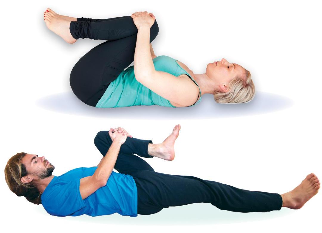 photo of woman on her back with both knees pulled to her chest and a photo of a man on his back pulling one knee to his chest